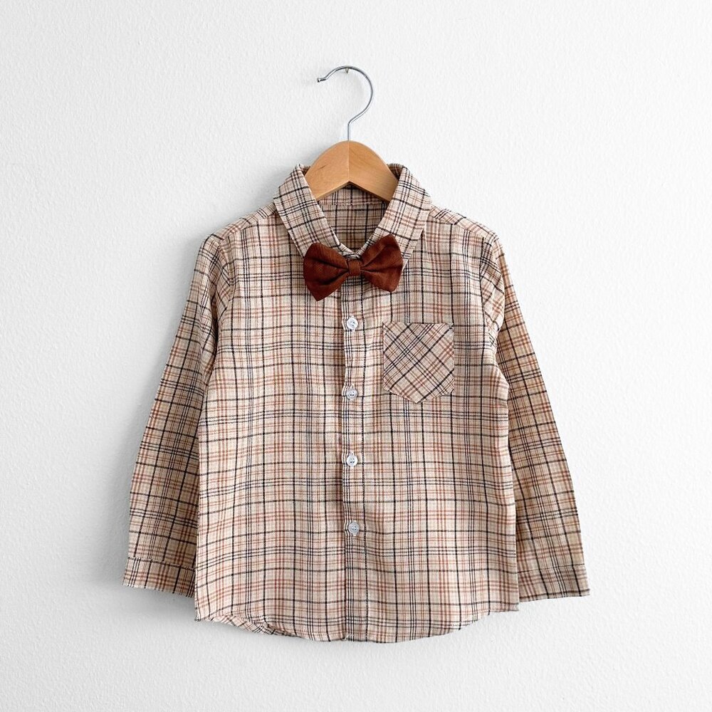 NWT Handsome Boys Dress Shirt, Bow Tie, Pants & Suspenders Set Tan & Brown 6-9M - Picture 2 of 5